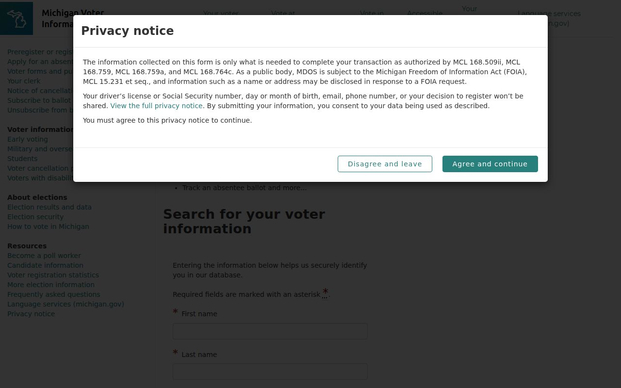 Monroe residents directory Michigan Voter Information Center lookup screen